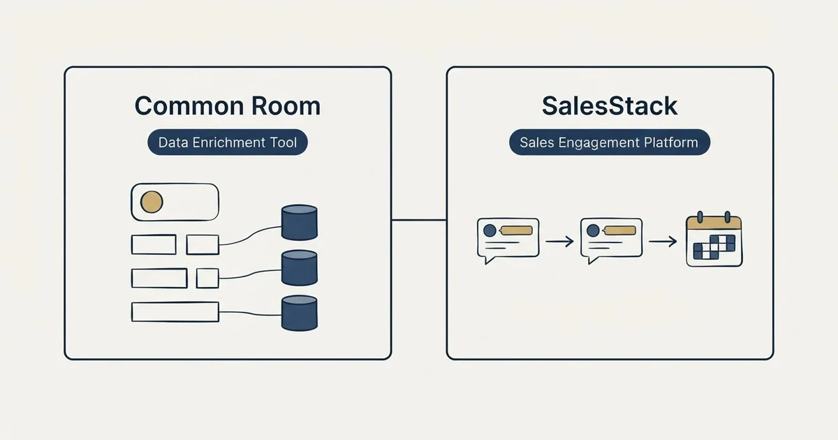 Side-by-side panels: Common Room vs SalesStack (Data Enrichment Tool, Sales Engagement Platform)