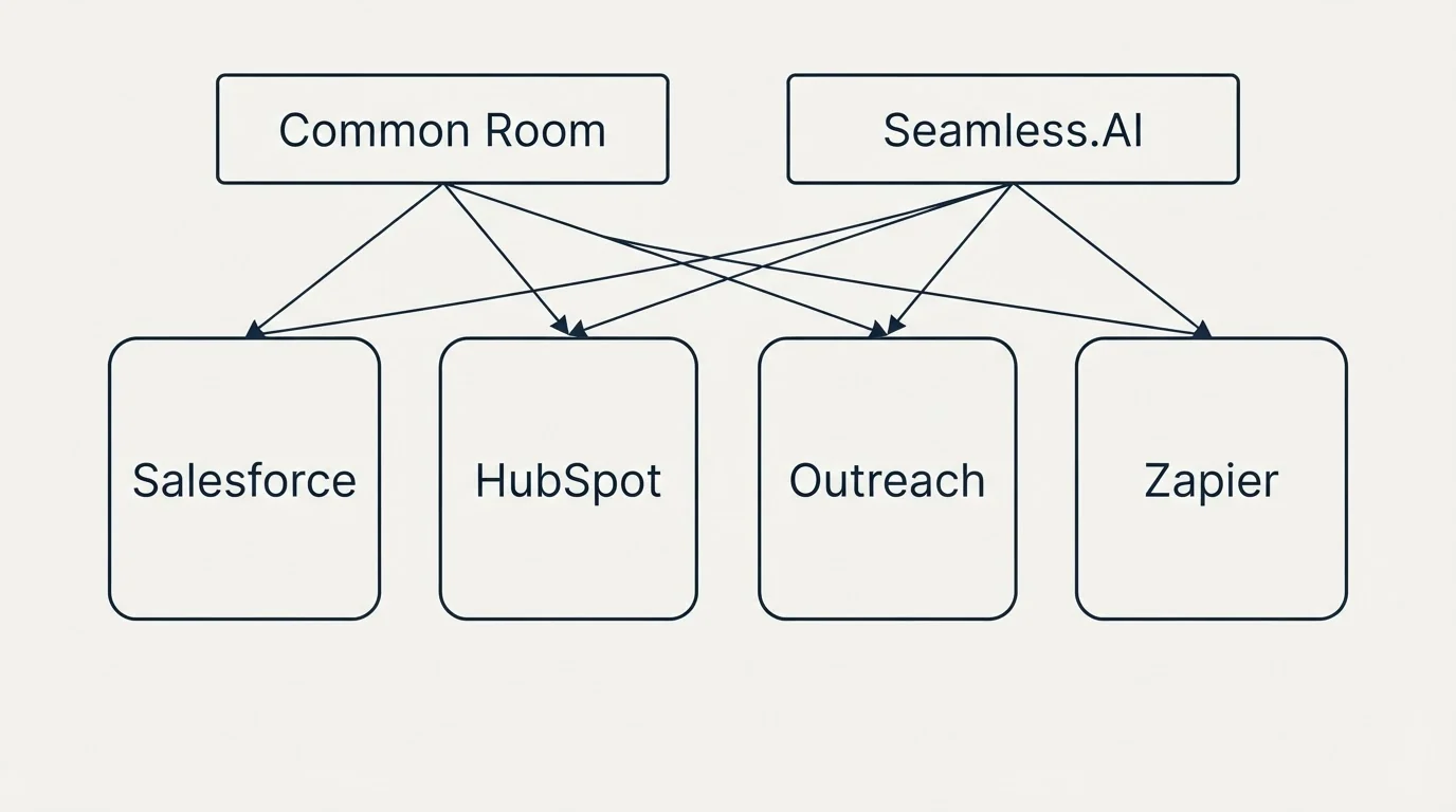 Integration grid: Integration Ecosystem (Common Room, Seamless.AI, Salesforce, HubSpot)