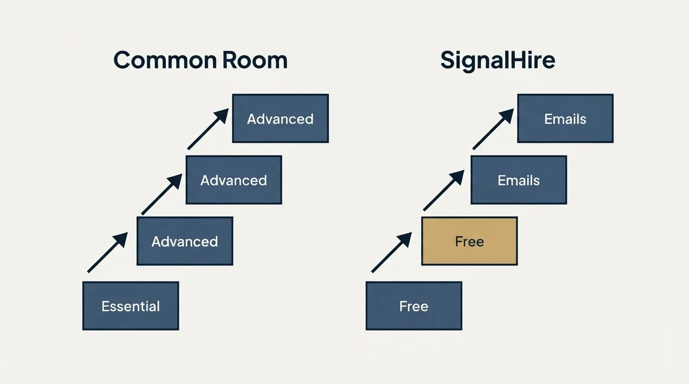 Pricing ladder: Pricing Comparison (Common Room, SignalHire, Essential, Free)