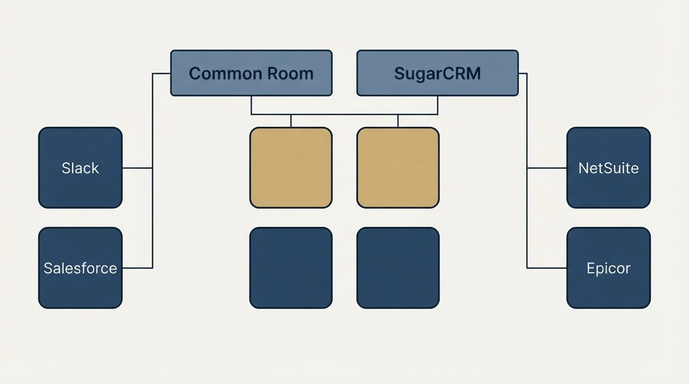 Integration grid: Integration Ecosystem (Common Room, SugarCRM, Slack, NetSuite)