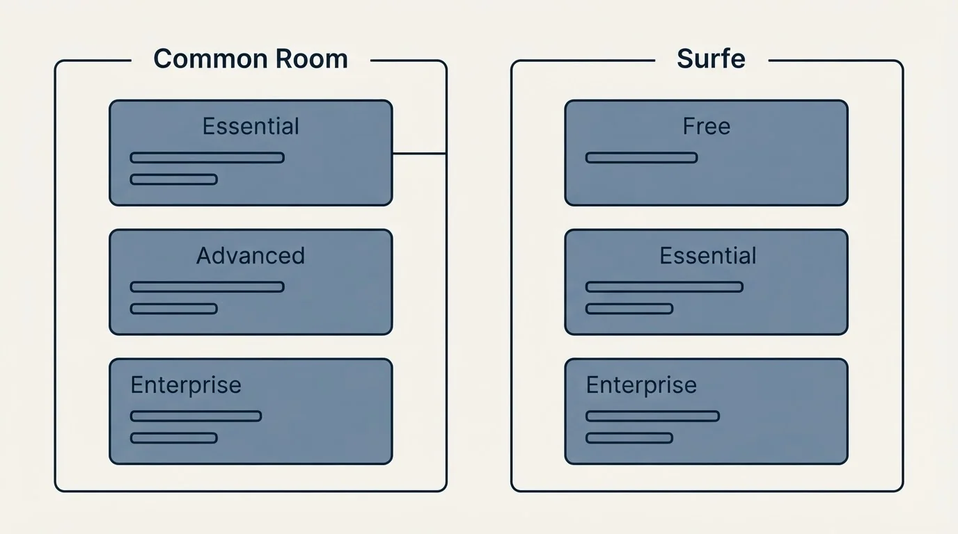 Pricing panels: Pricing Comparison (Common Room, Surfe, Essential, Free)