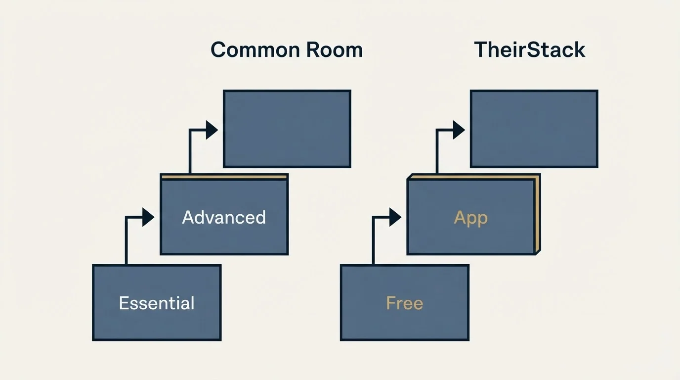 Pricing ladder: Pricing Comparison (Common Room, TheirStack, Essential, Free)
