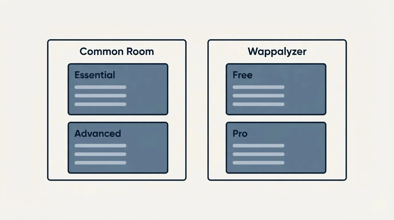 Pricing panels: Pricing Comparison (Common Room, Wappalyzer, Essential, Free)