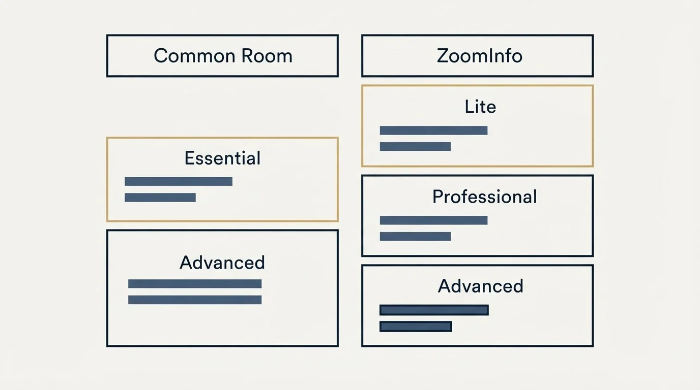 Pricing table: Pricing Comparison (Common Room, ZoomInfo, Essential, Lite)