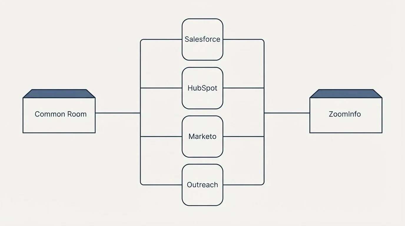 Integration flow: Integration Ecosystem (Common Room, ZoomInfo, Salesforce, HubSpot)