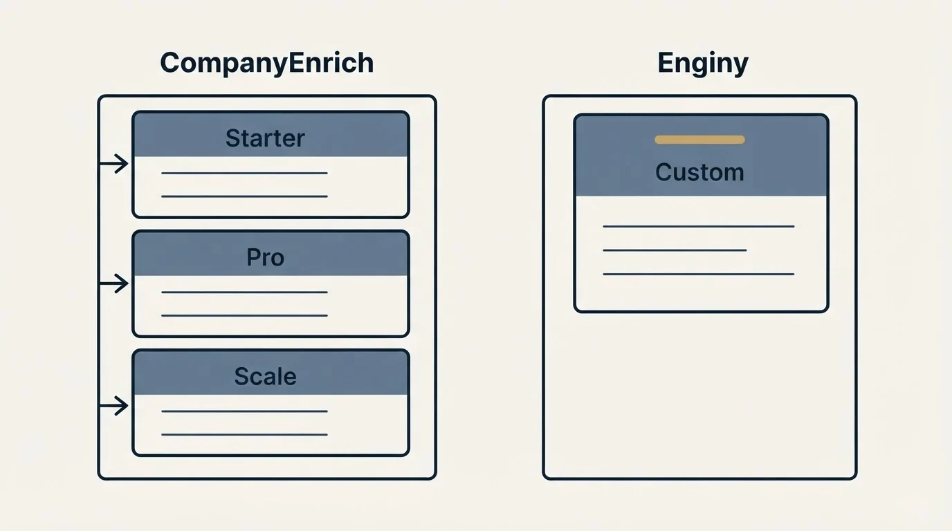 Pricing panels: Pricing Comparison (CompanyEnrich, Enginy, Starter, Custom)