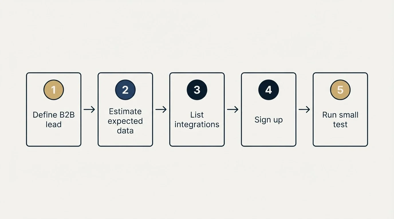Step sequence: Getting Started Checklist (Define B2B lead, Estimate expected data, List integrations, Sign up)