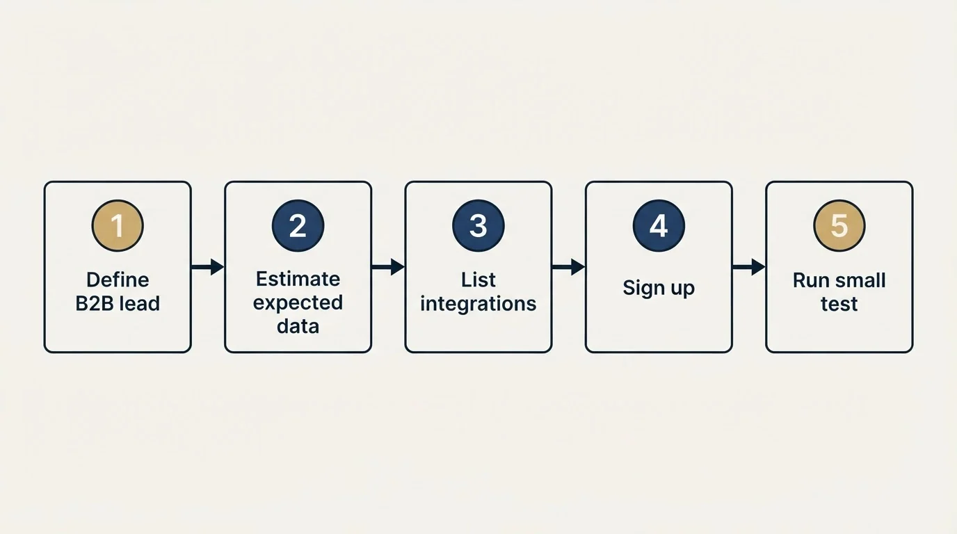 Step sequence: Getting Started Checklist (Define B2B lead, Estimate expected data, List integrations, Sign up)