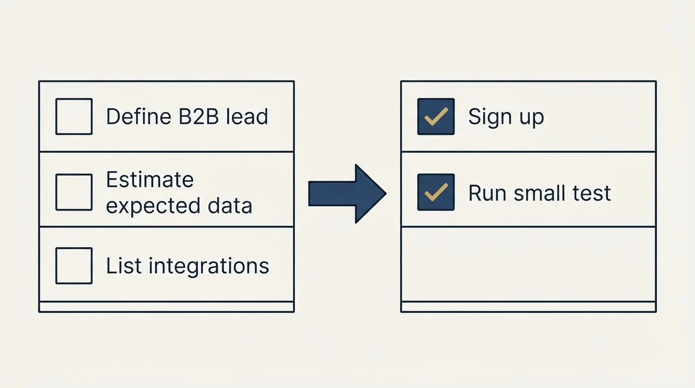 Before-and-after steps: Getting Started Checklist (Define B2B lead, Estimate expected data, List integrations, Sign up)