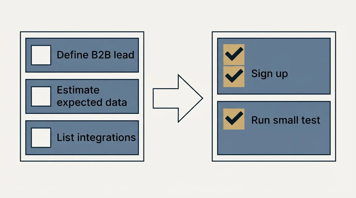 Before-and-after steps: Getting Started Checklist (Define B2B lead, Estimate expected data, List integrations, Sign up)