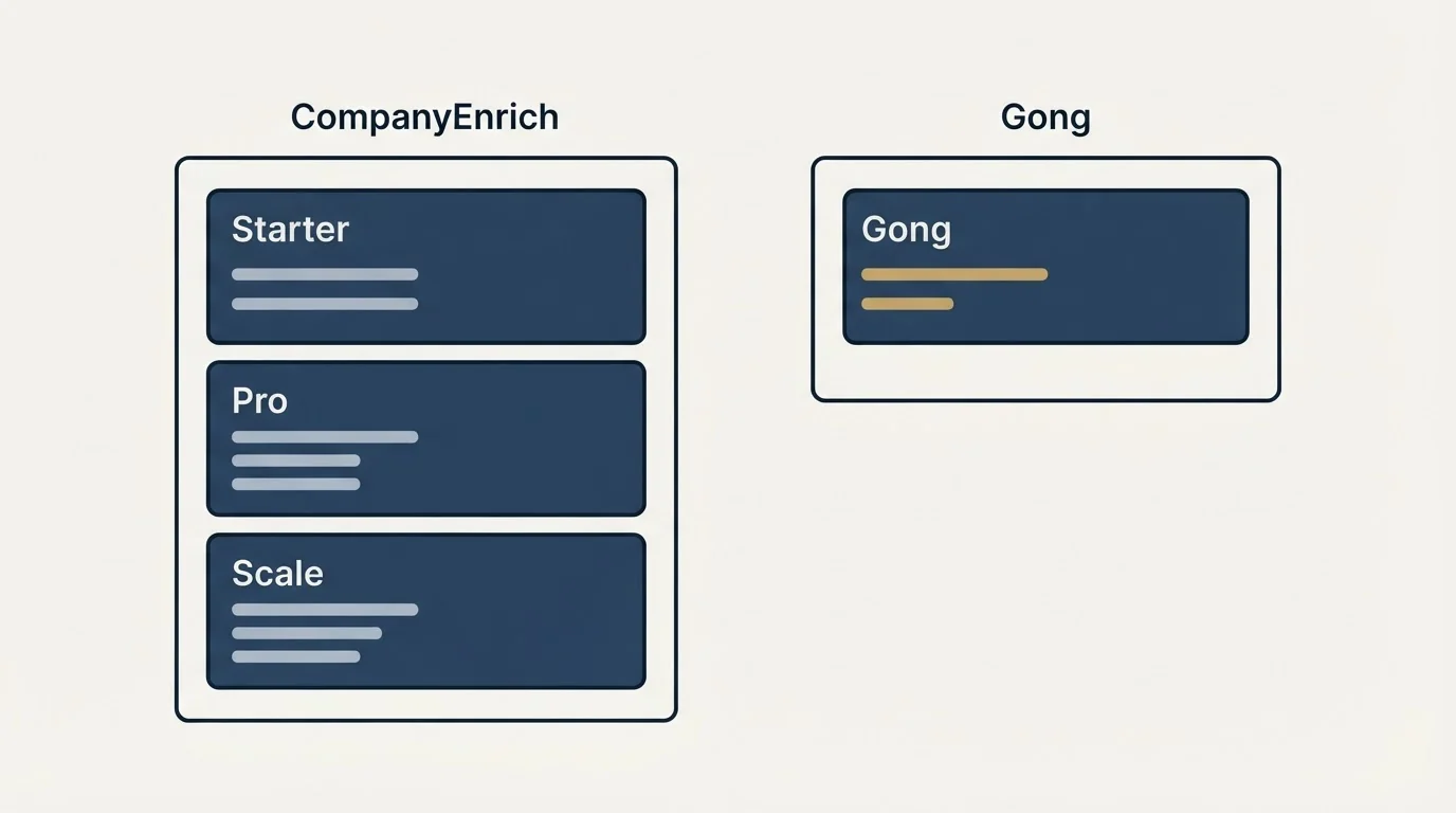 Pricing panels: Pricing Comparison (CompanyEnrich, Gong, Starter, Pro)