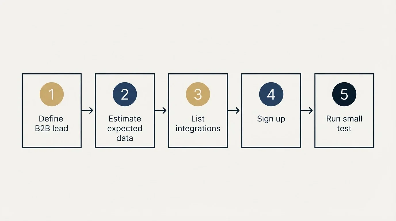 Step sequence: Getting Started Checklist (Define B2B lead, Estimate expected data, List integrations, Sign up)