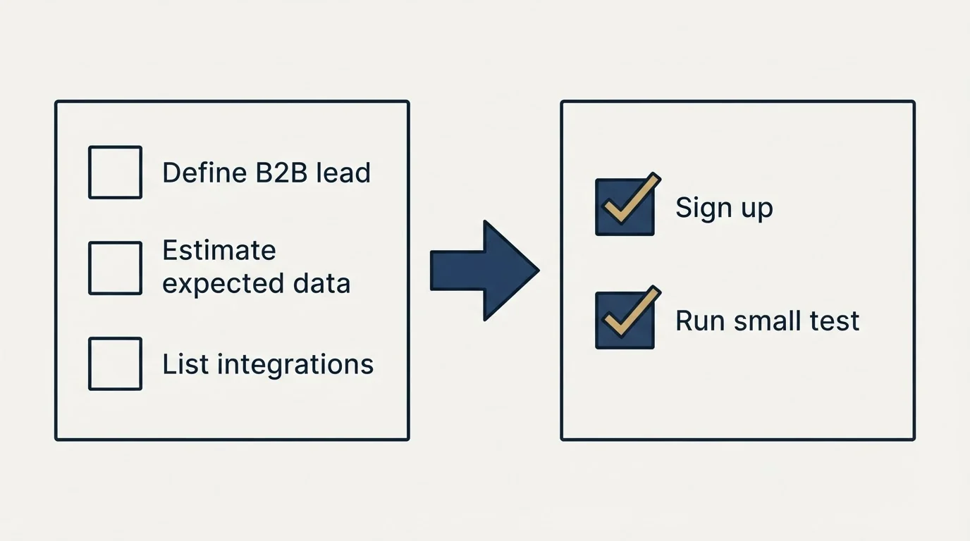 Before-and-after steps: Getting Started Checklist (Define B2B lead, Estimate expected data, List integrations, Sign up)