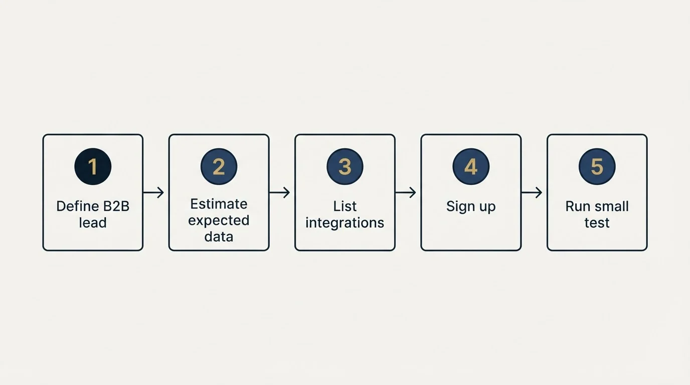Step sequence: Getting Started Checklist (Define B2B lead, Estimate expected data, List integrations, Sign up)