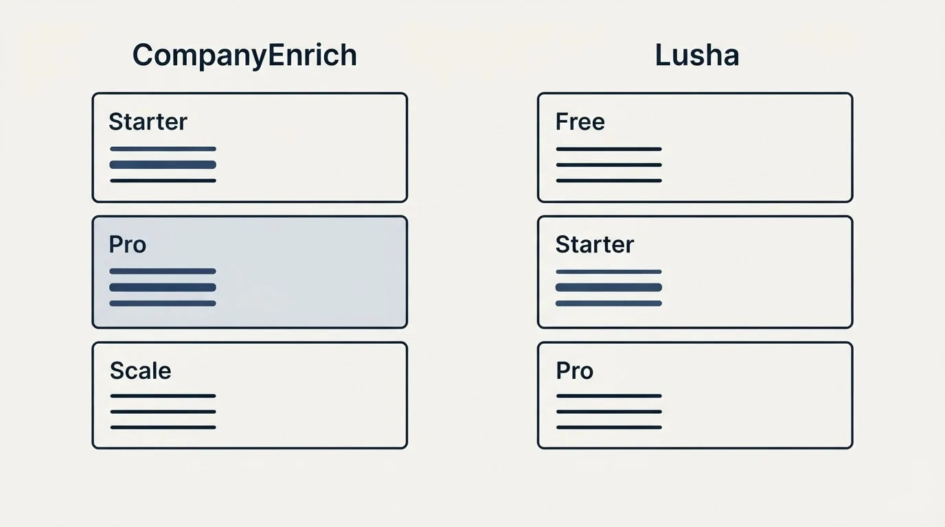 Pricing panels: Pricing Comparison (CompanyEnrich, Lusha, Starter, Free)
