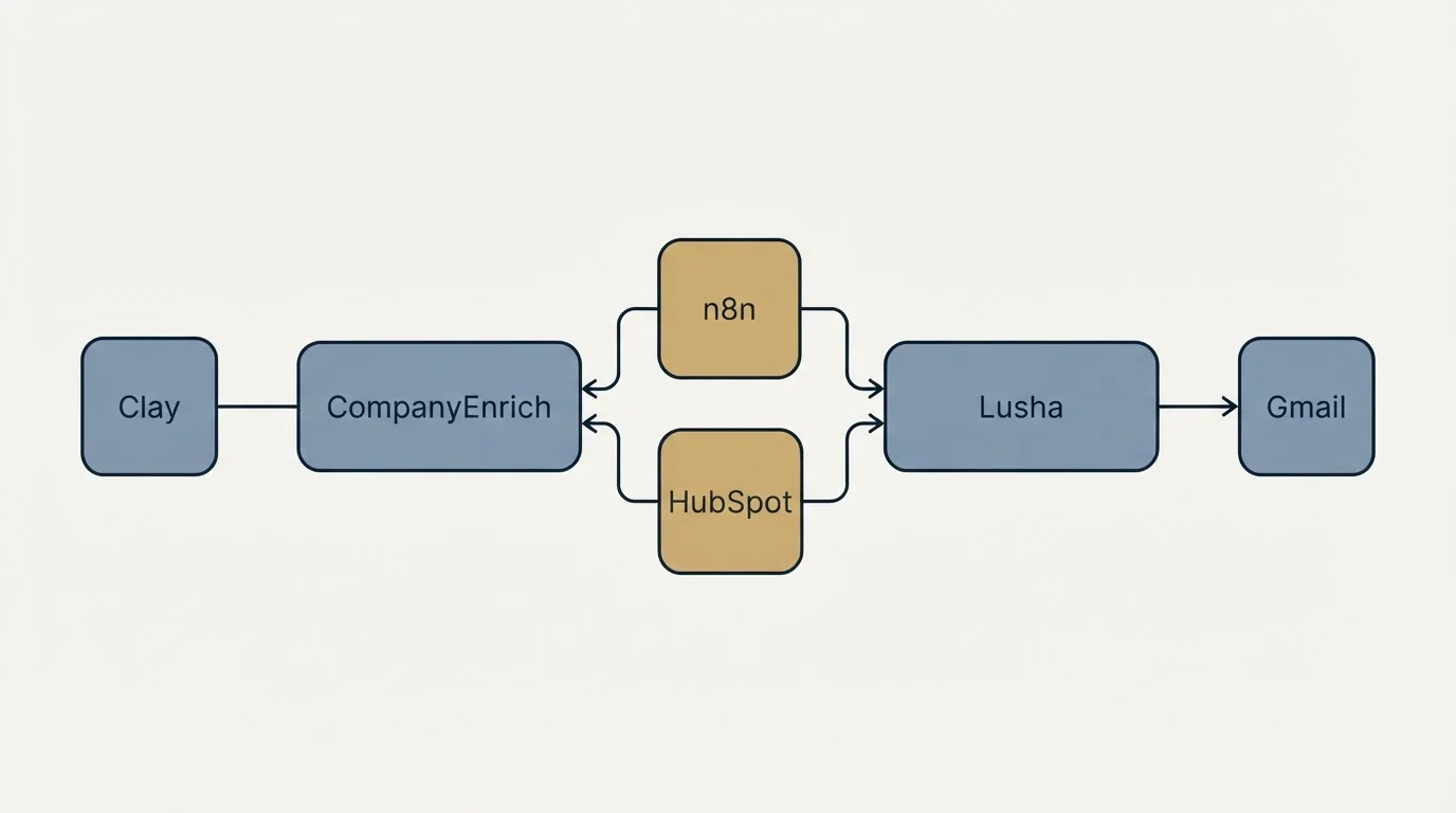 Integration schematic: Integration Ecosystem (CompanyEnrich, Lusha, n8n, HubSpot)