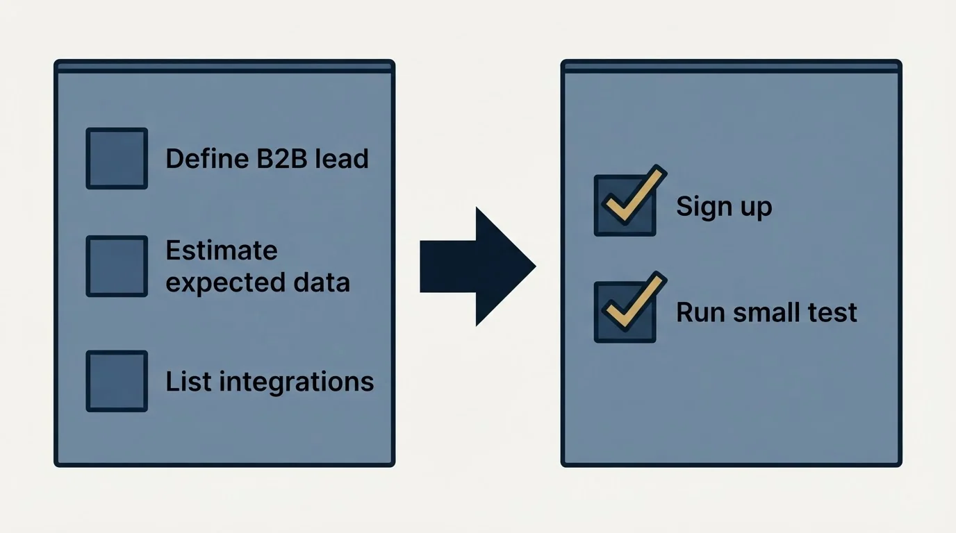 Before-and-after steps: Getting Started Checklist (Define B2B lead, Estimate expected data, List integrations, Sign up)