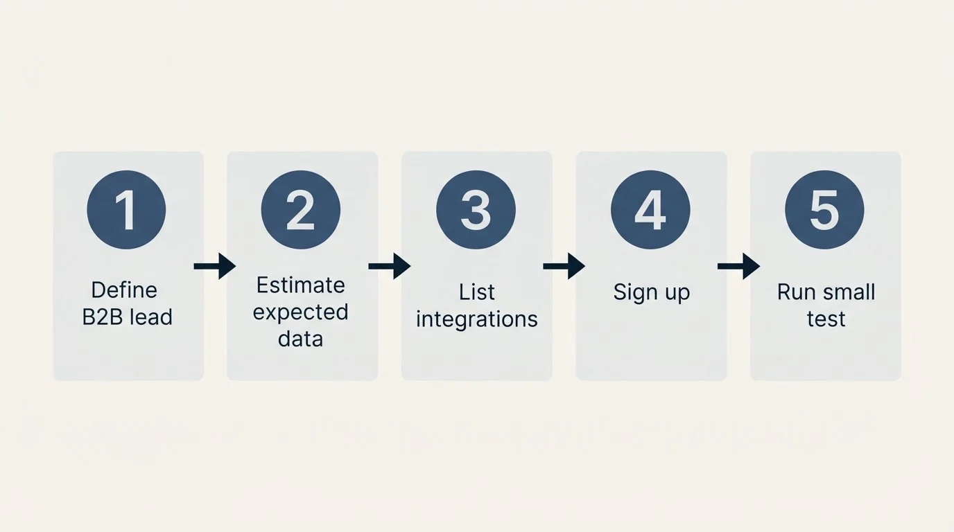 Step sequence: Getting Started Checklist (Define B2B lead, Estimate expected data, List integrations, Sign up)