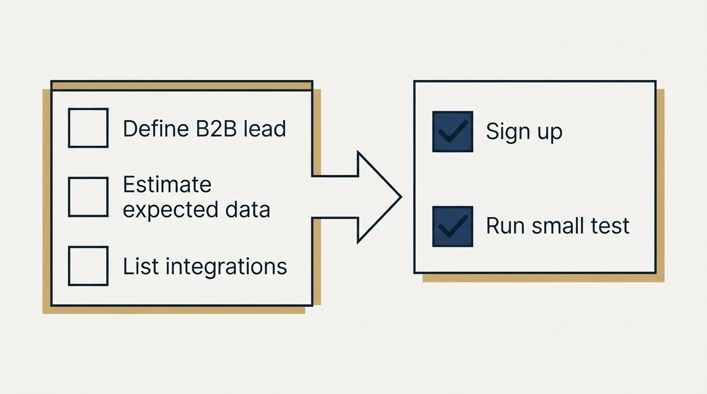 Before-and-after steps: Getting Started Checklist (Define B2B lead, Estimate expected data, List integrations, Sign up)