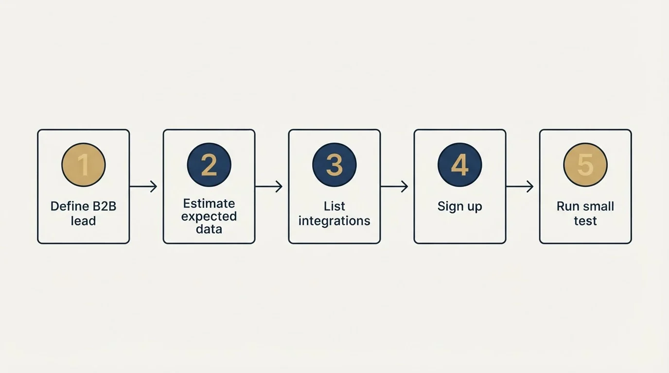 Step sequence: Getting Started Checklist (Define B2B lead, Estimate expected data, List integrations, Sign up)