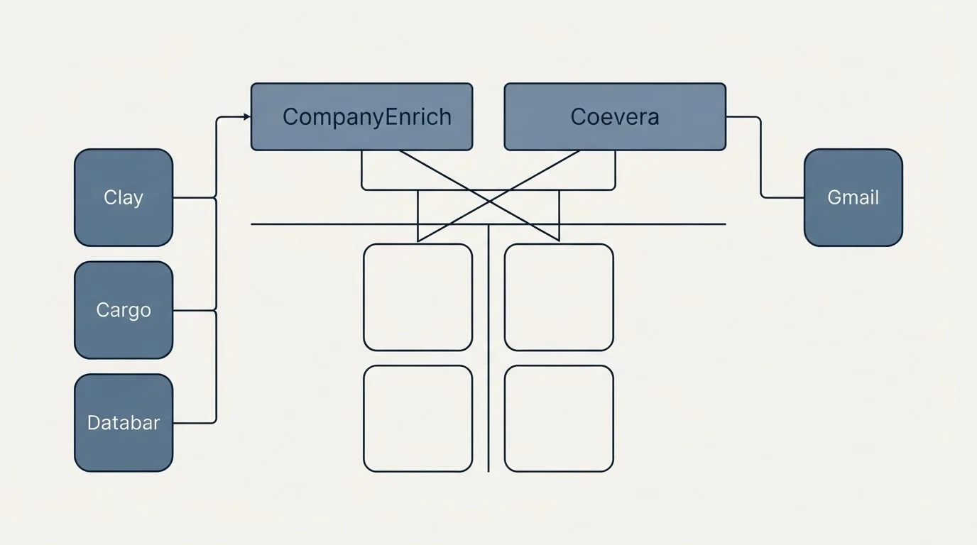 Integration grid: Integration Ecosystem (CompanyEnrich, Coevera, Clay, Gmail)