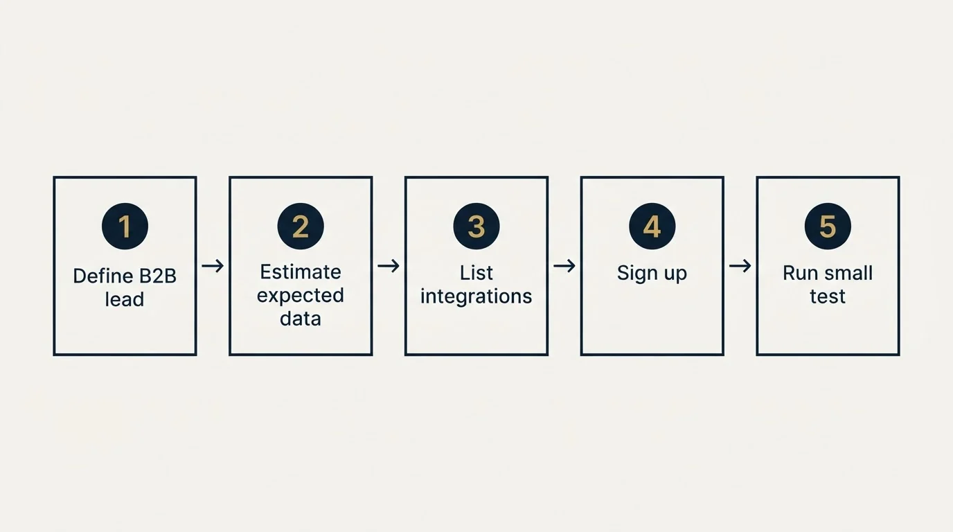 Step sequence: Getting Started Checklist (Define B2B lead, Estimate expected data, List integrations, Sign up)