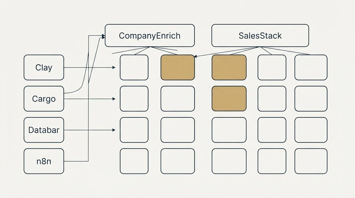 Integration grid: Integration Ecosystem (CompanyEnrich, SalesStack, Clay, Cargo)