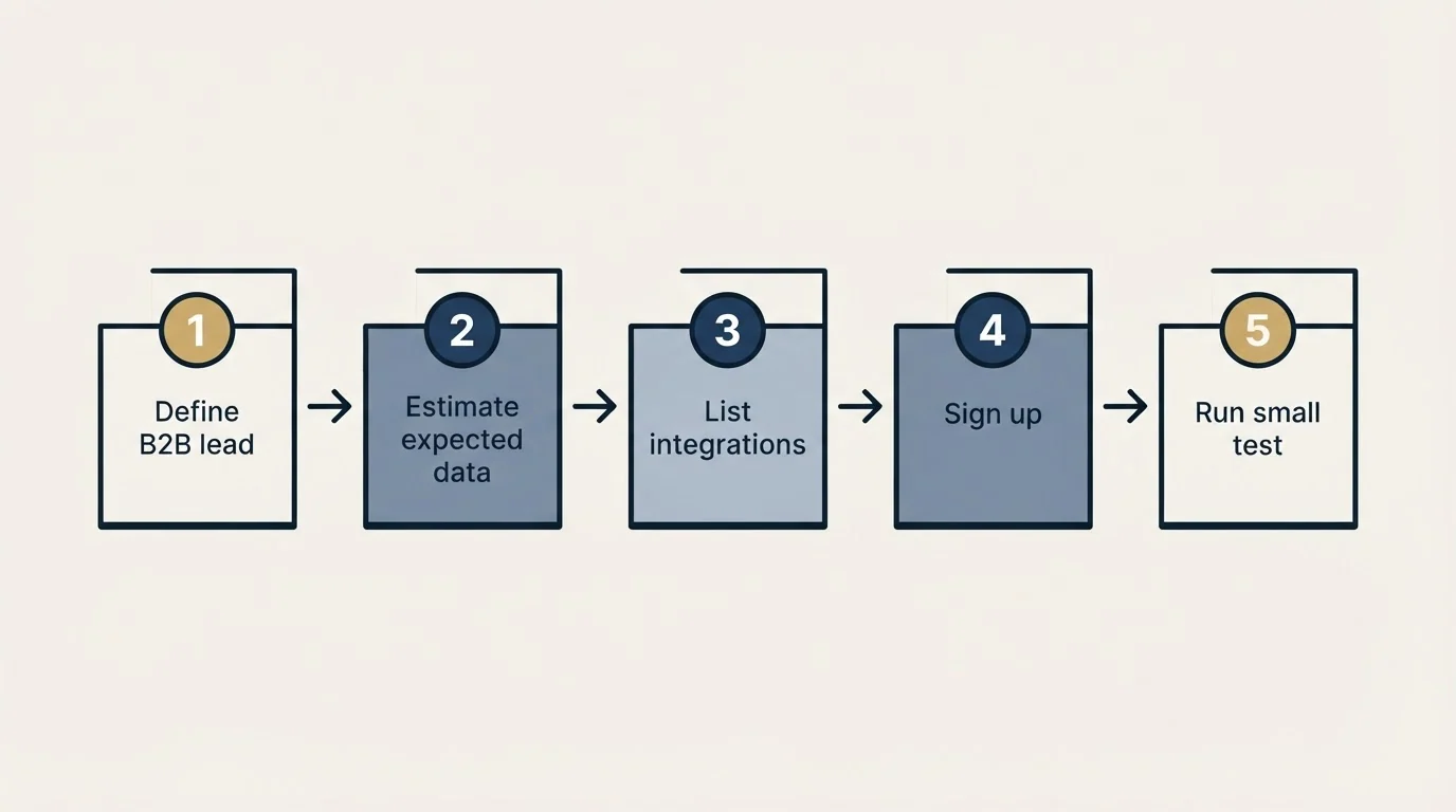 Step sequence: Getting Started Checklist (Define B2B lead, Estimate expected data, List integrations, Sign up)