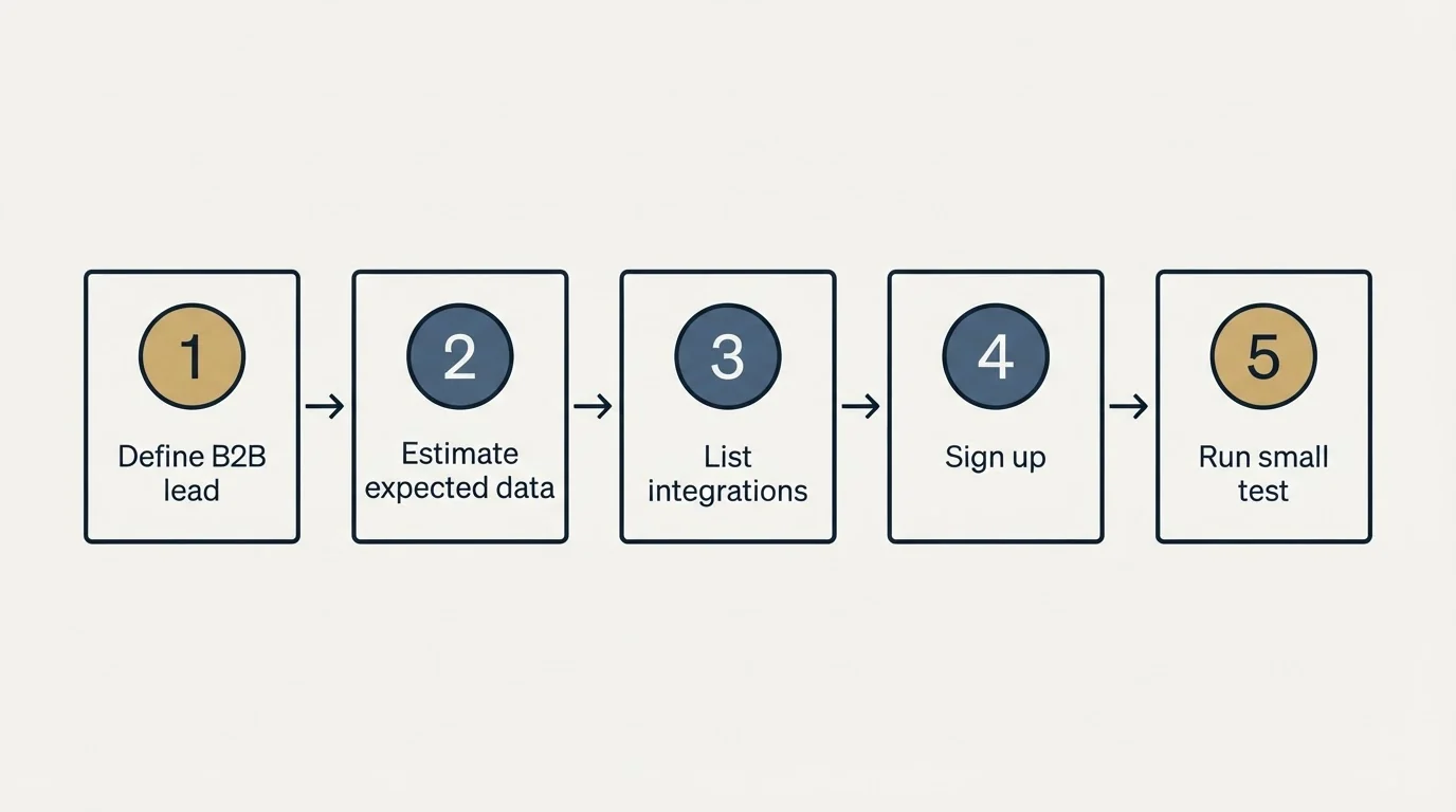 Step sequence: Getting Started Checklist (Define B2B lead, Estimate expected data, List integrations, Sign up)