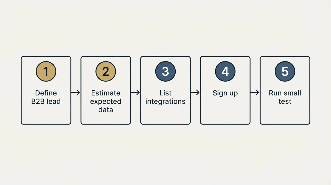 Step sequence: Getting Started Checklist (Define B2B lead, Estimate expected data, List integrations, Sign up)