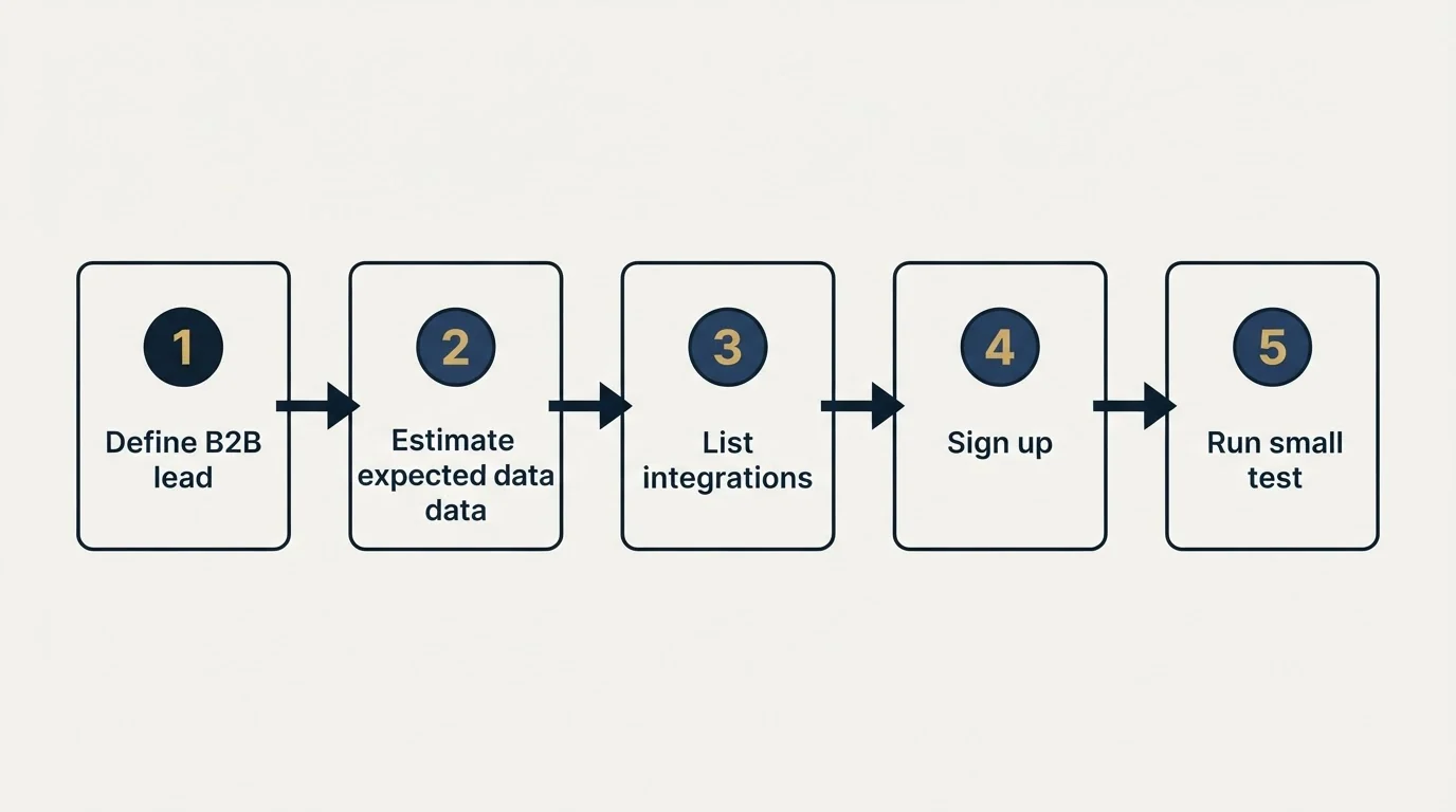 Step sequence: Getting Started Checklist (Define B2B lead, Estimate expected data, List integrations, Sign up)
