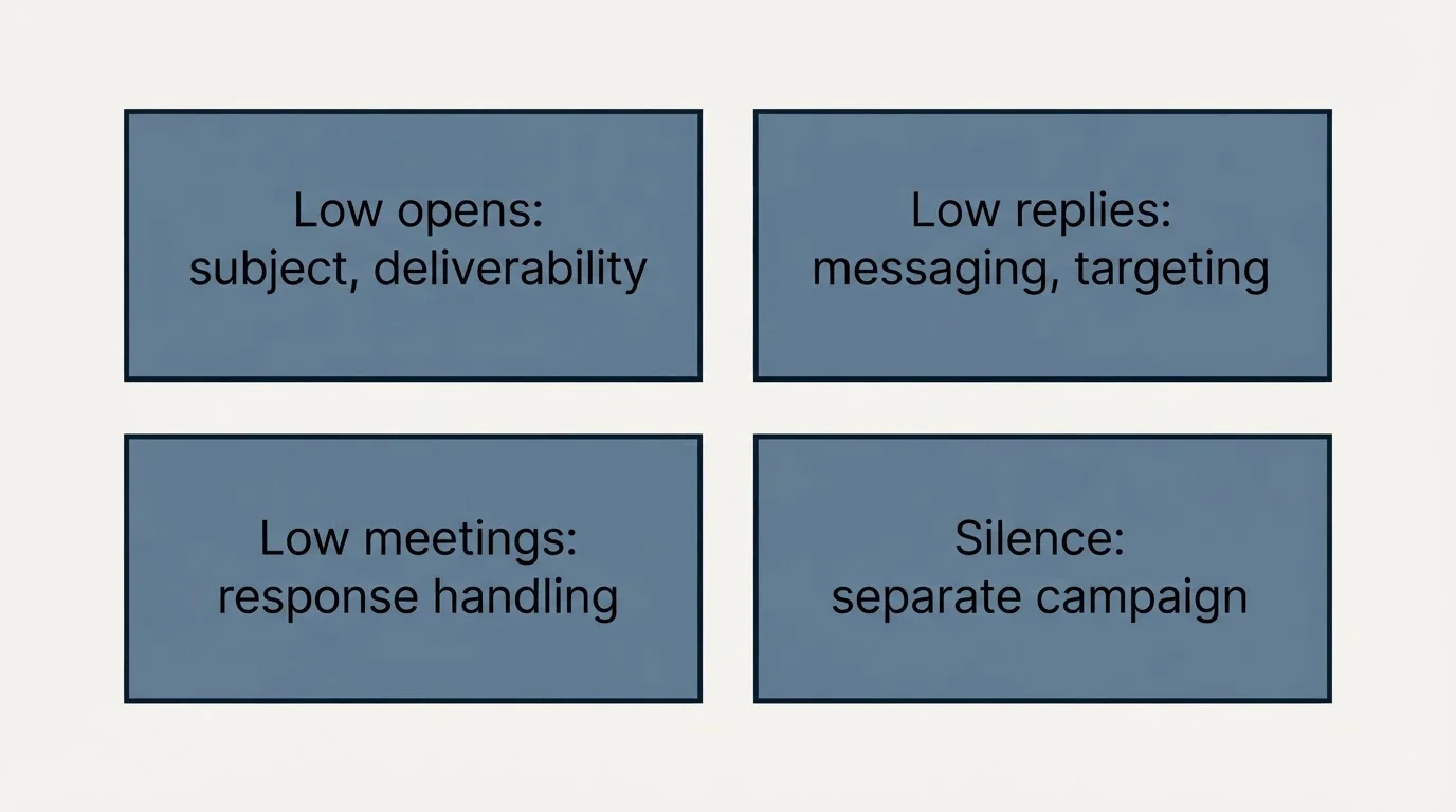 Schematic: Improving Your Construction Cold Email Performance (Low opens: subject, deliverability, Low replies: messaging, targeting, Low meetings: response handling, Silence: separate campaign)