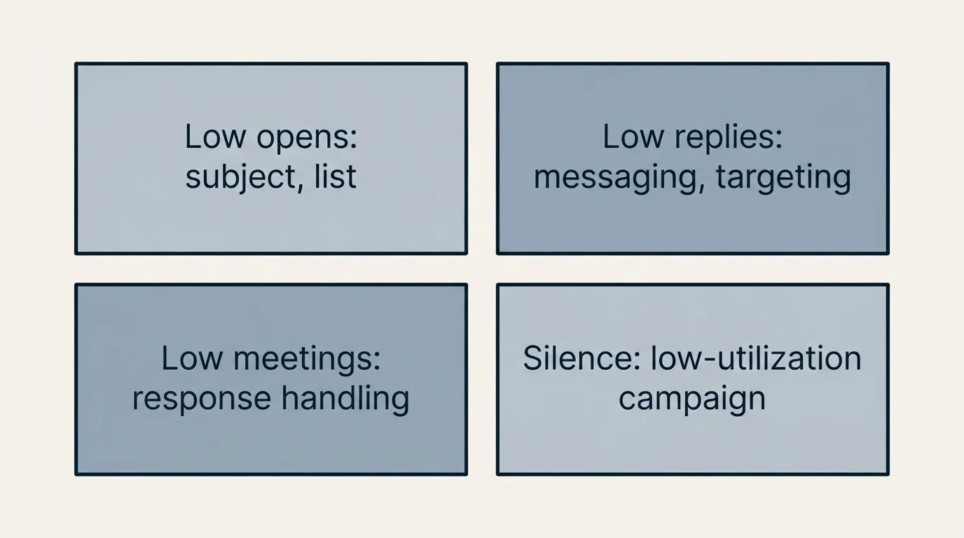 Schematic: Improving Your Consulting Cold Email Performance (Low opens: subject, list, Low replies: messaging, targeting, Low meetings: response handling, Silence: low-utilization campaign)