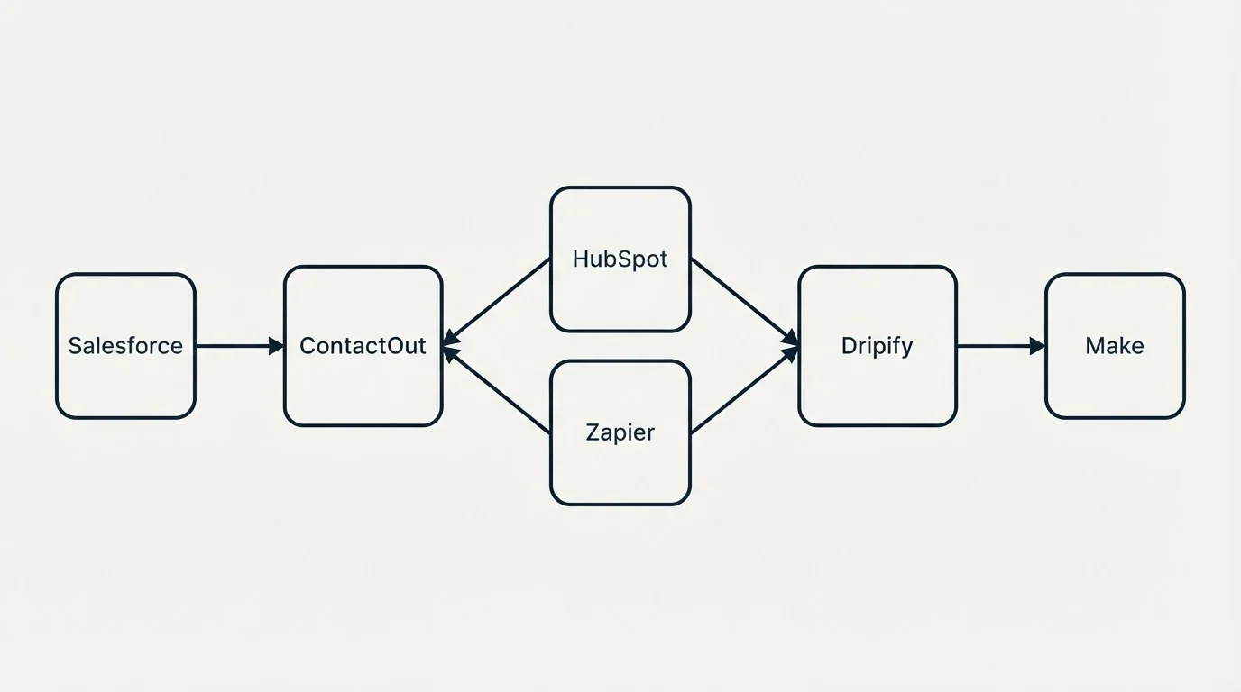 Integration schematic: Integration Ecosystem (ContactOut, Dripify, HubSpot, Zapier)