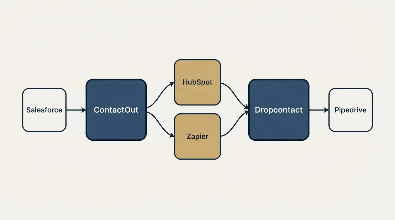 Integration schematic: Integration Ecosystem (ContactOut, Dropcontact, HubSpot, Zapier)