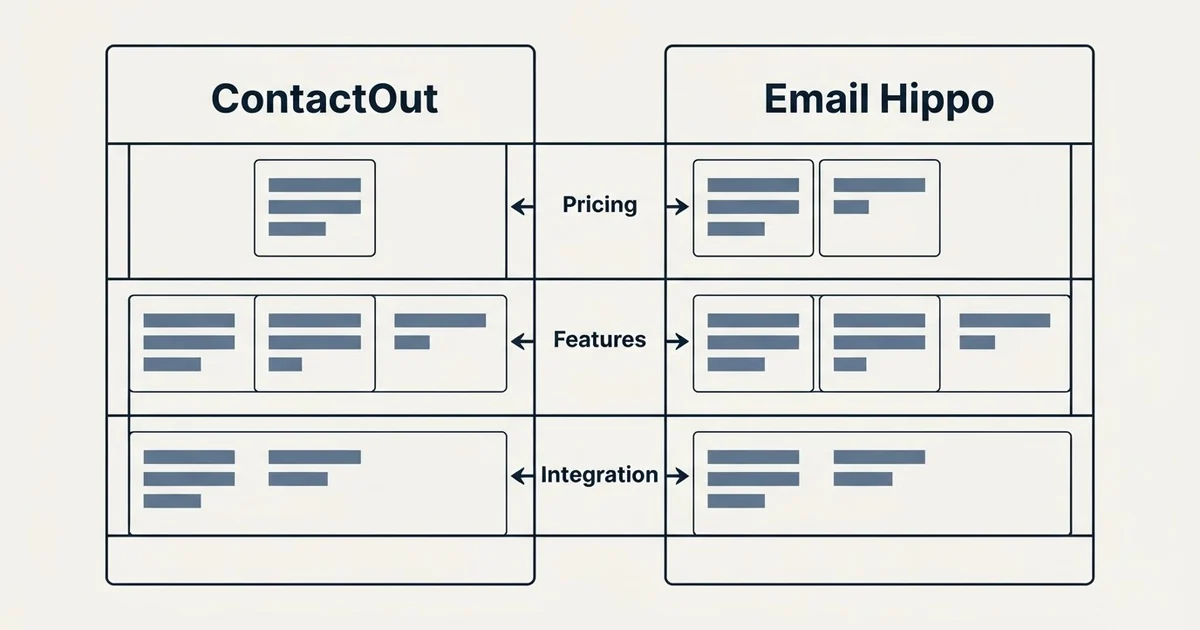 Comparison panel: ContactOut vs Email Hippo (Pricing, Features, Integration)