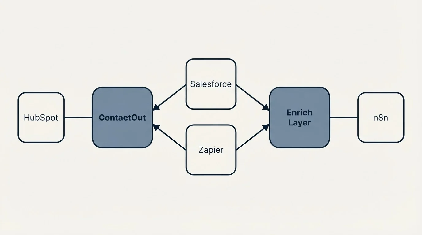 Integration schematic: Integration Ecosystem (ContactOut, Enrich Layer, Salesforce, Zapier)
