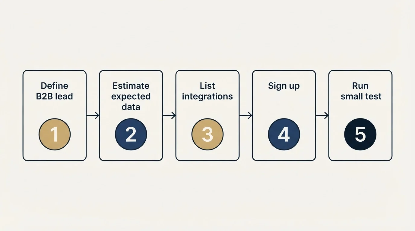 Step sequence: Getting Started Checklist (Define B2B lead, Estimate expected data, List integrations, Sign up)