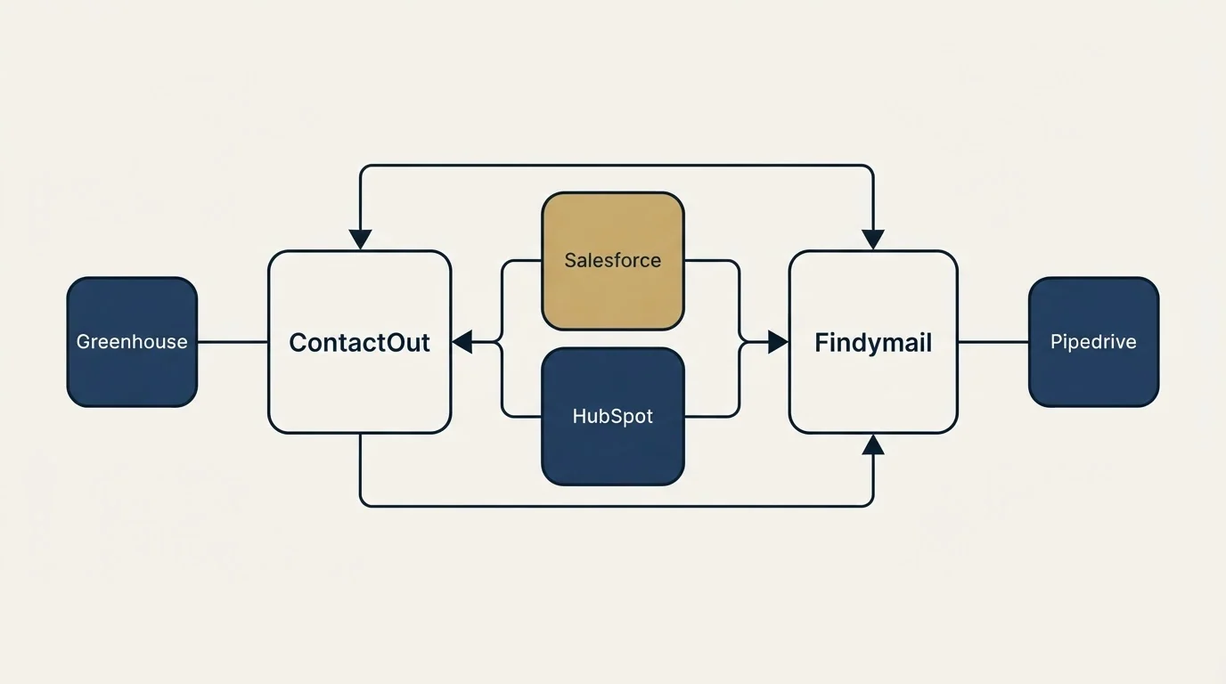 Integration schematic: Integration Ecosystem (ContactOut, Findymail, Salesforce, HubSpot)