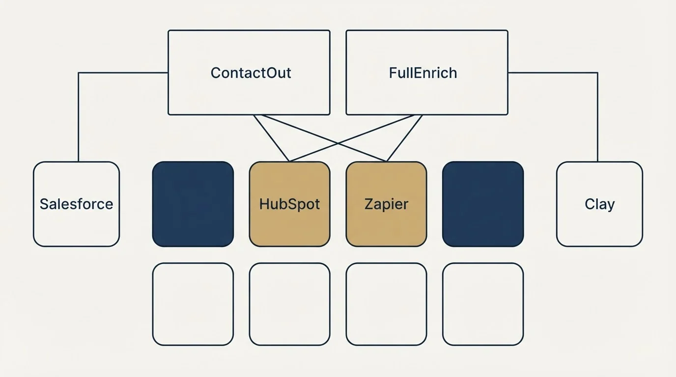 Integration grid: Integration Ecosystem (ContactOut, FullEnrich, HubSpot, Zapier)