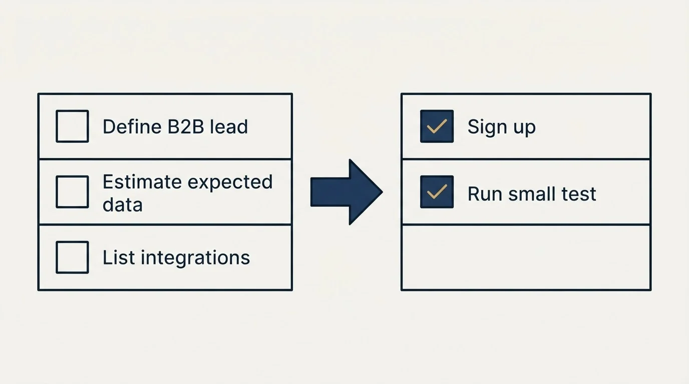 Before-and-after steps: Getting Started Checklist (Define B2B lead, Estimate expected data, List integrations, Sign up)