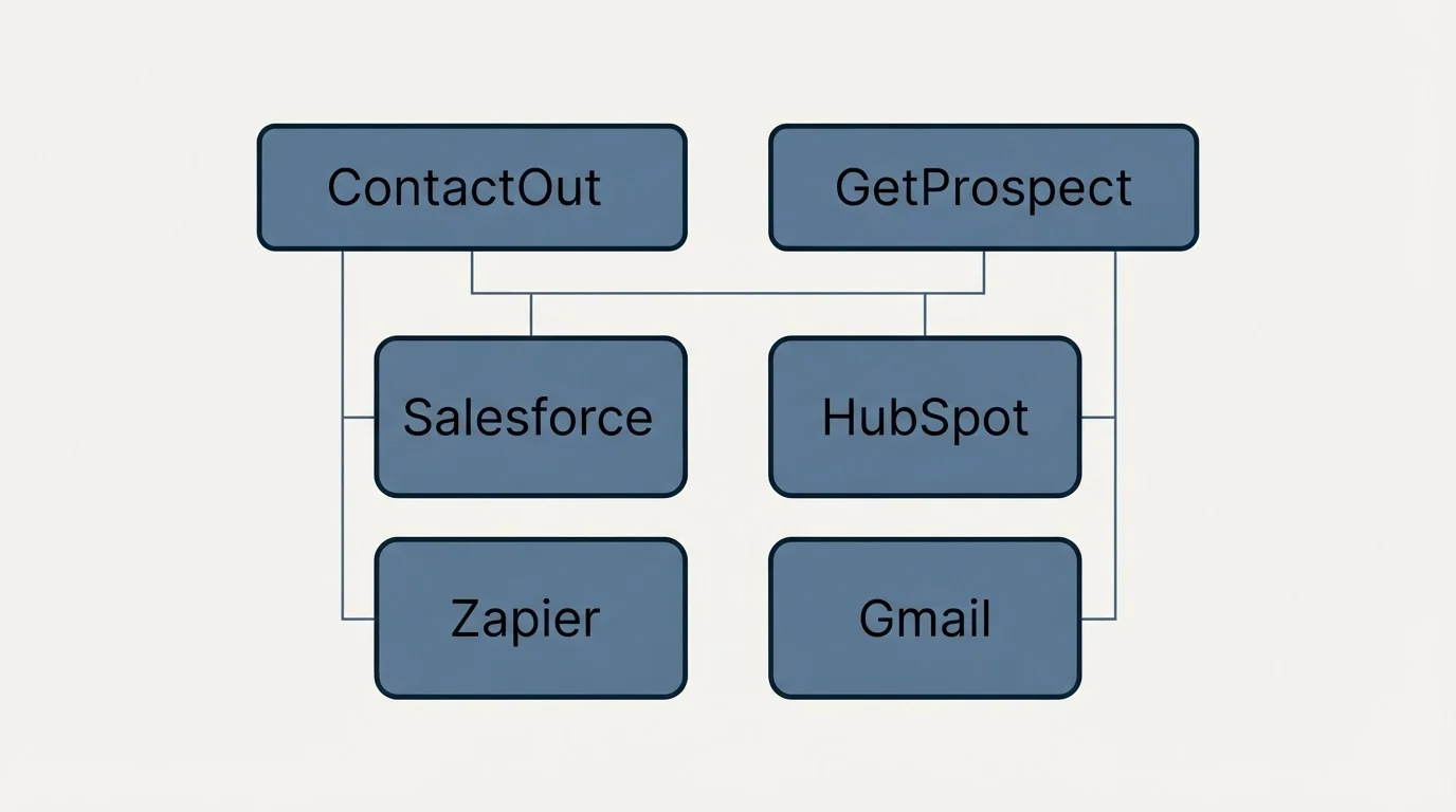 Integration grid: Integration Ecosystem (ContactOut, GetProspect, Salesforce, HubSpot)