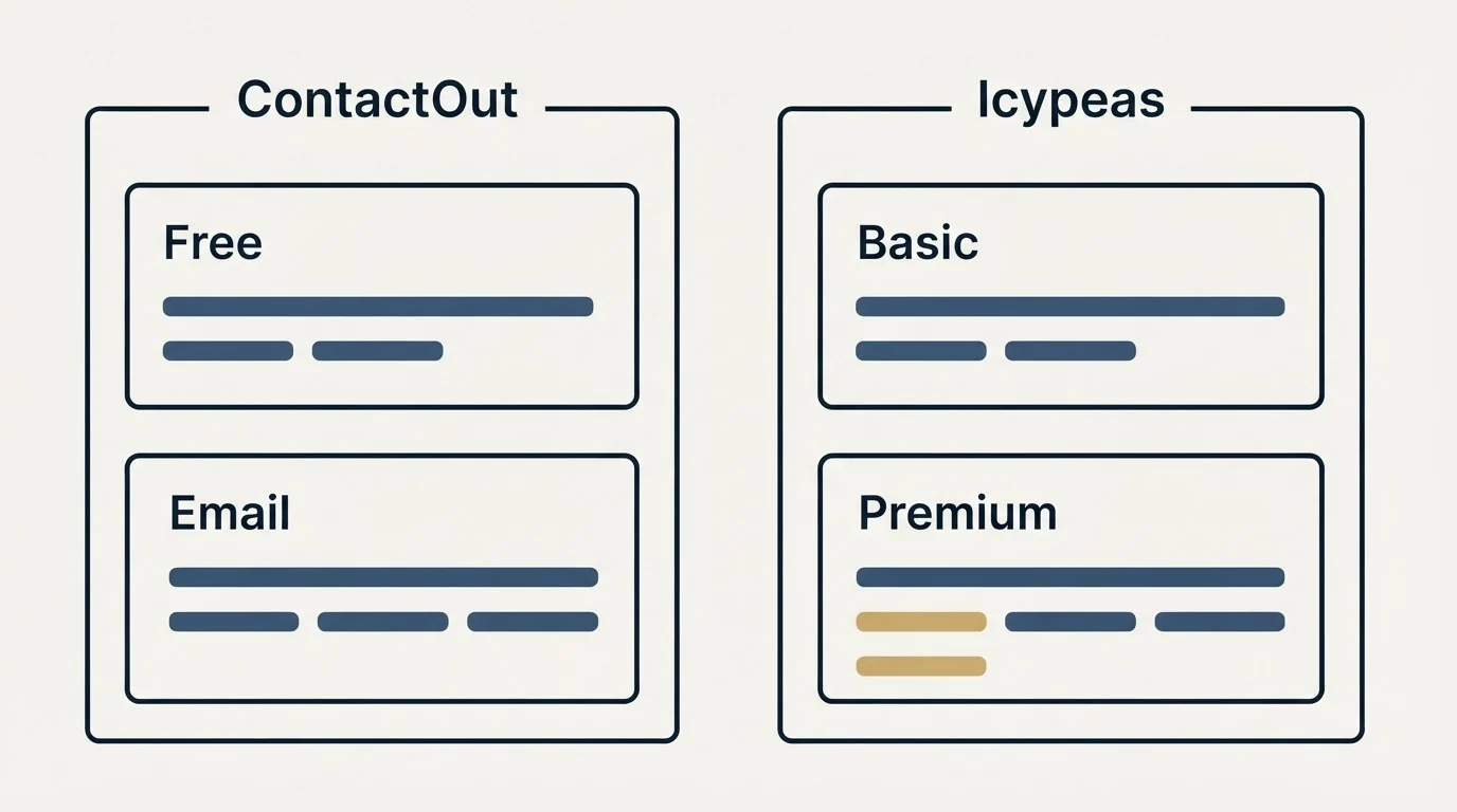 Pricing panels: Pricing Comparison (ContactOut, Icypeas, Free, Basic)