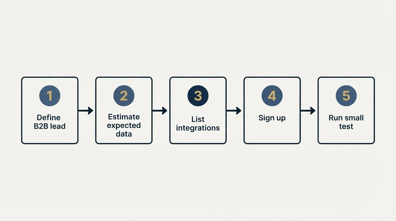 Step sequence: Getting Started Checklist (Define B2B lead, Estimate expected data, List integrations, Sign up)
