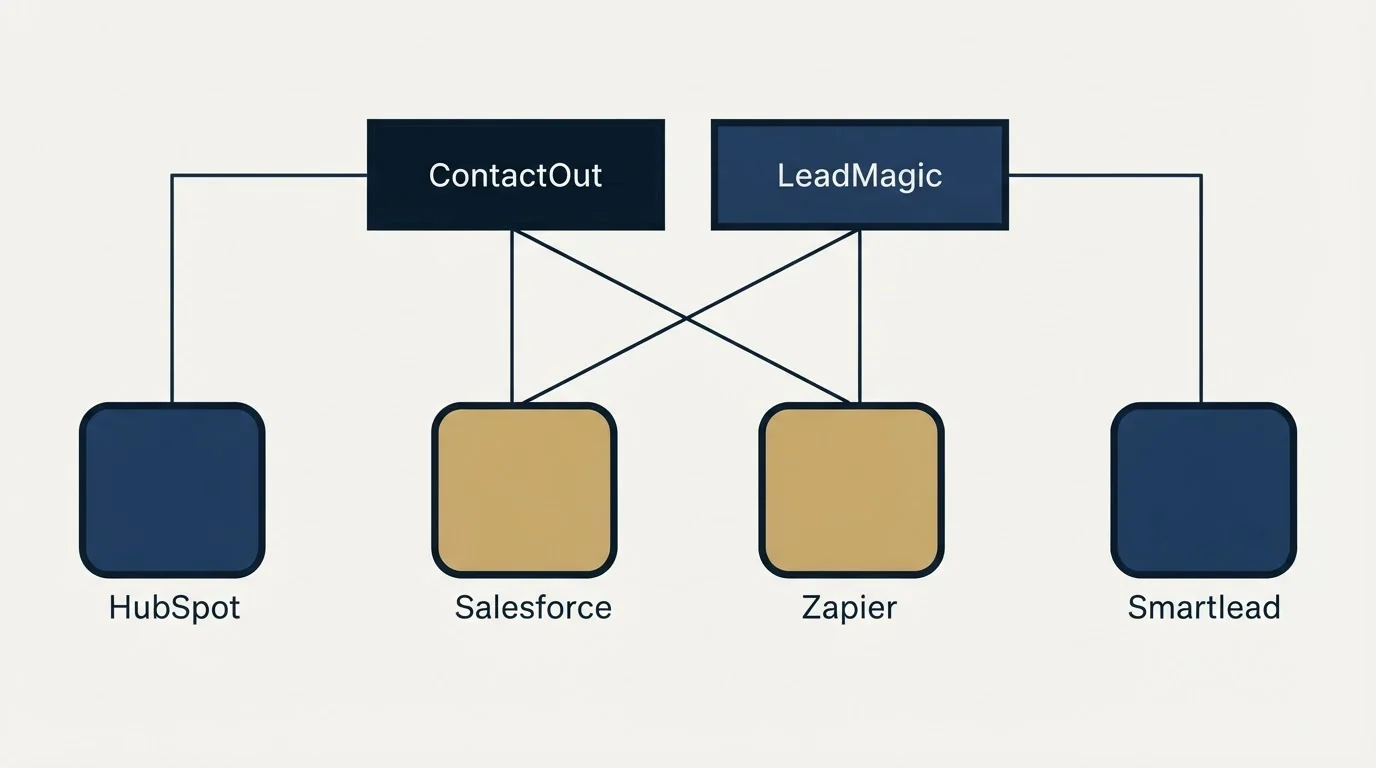 Integration grid: Integration Ecosystem (ContactOut, LeadMagic, Salesforce, Zapier)