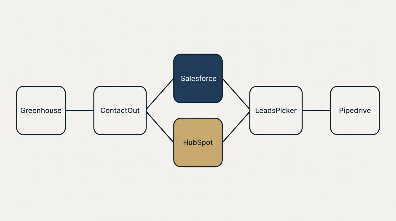 Integration schematic: Integration Ecosystem (ContactOut, LeadsPicker, Salesforce, HubSpot)