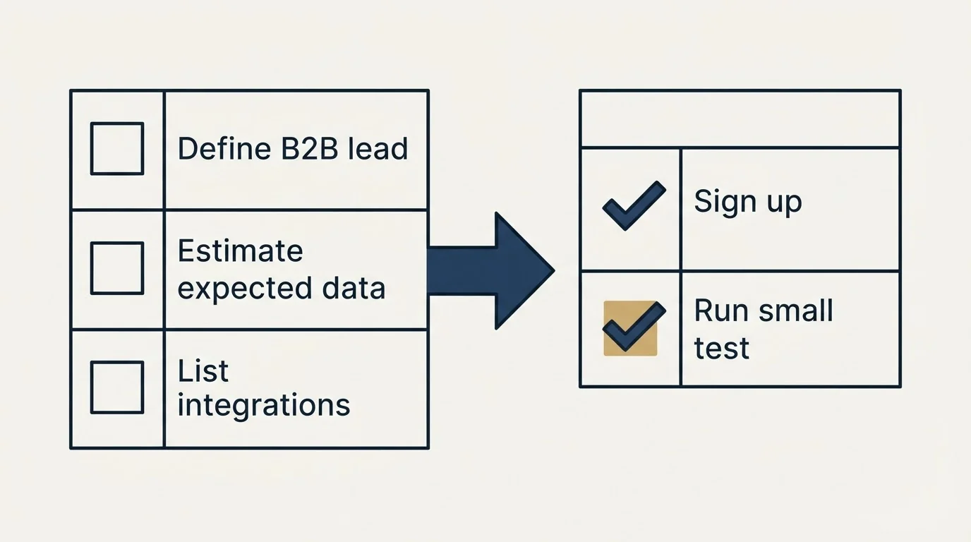 Before-and-after steps: Getting Started Checklist (Define B2B lead, Estimate expected data, List integrations, Sign up)