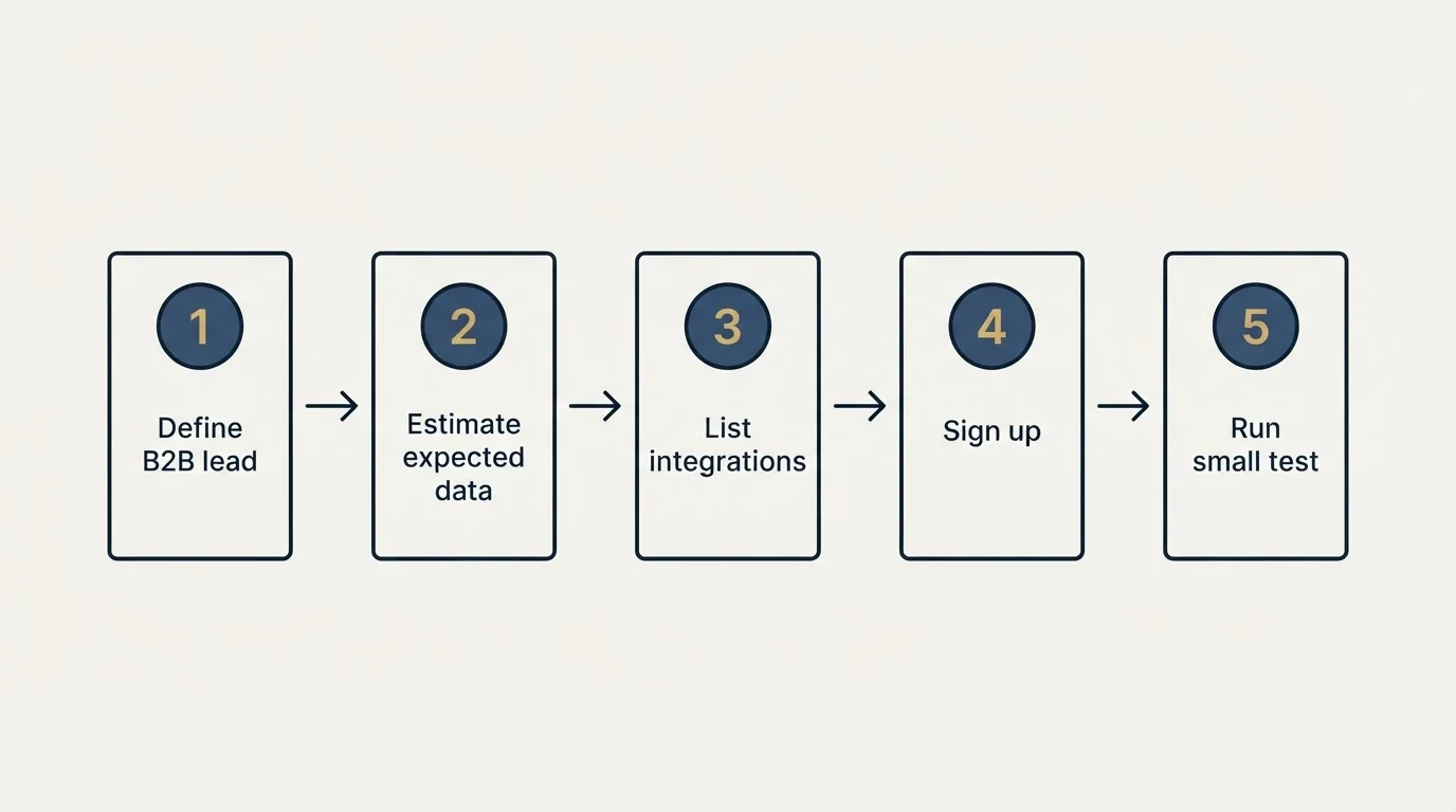 Step sequence: Getting Started Checklist (Define B2B lead, Estimate expected data, List integrations, Sign up)