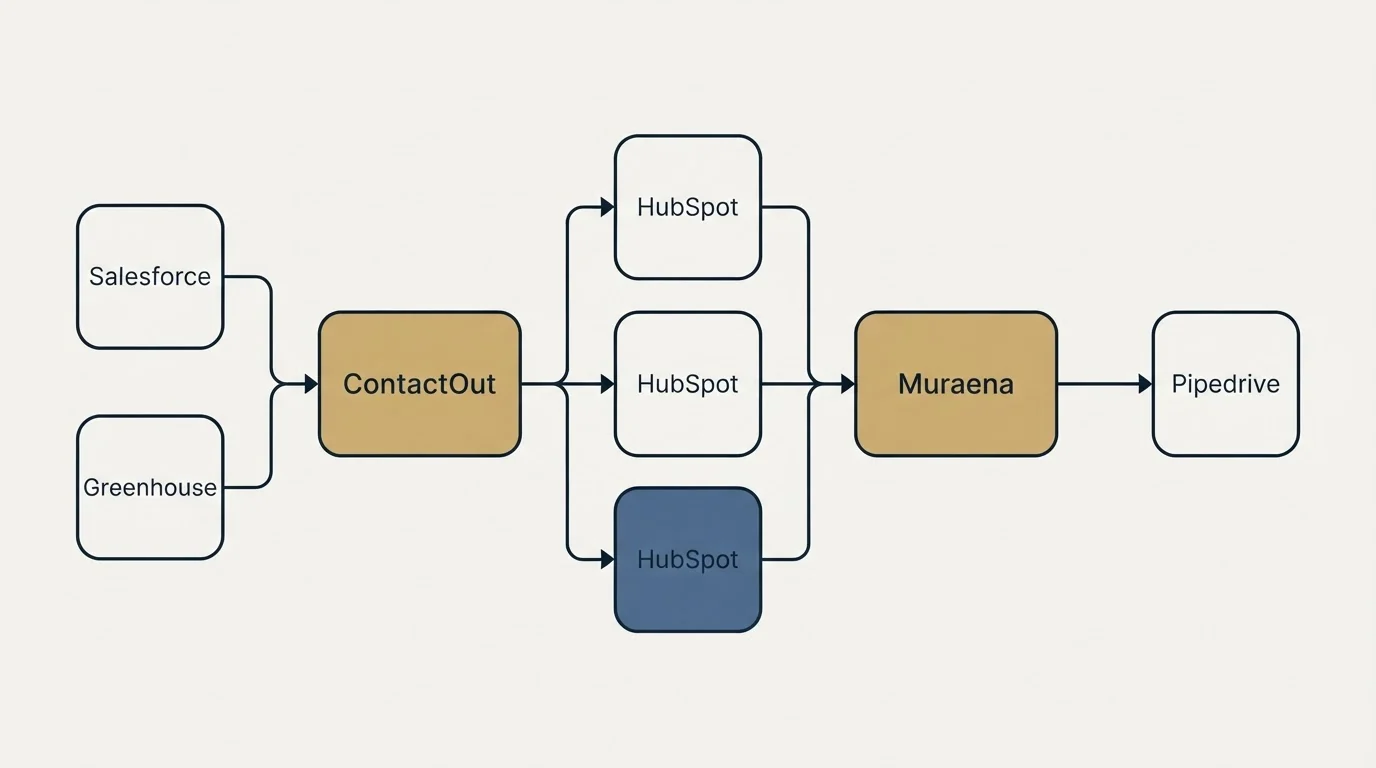 Integration flow: Integration Ecosystem (ContactOut, Muraena, HubSpot, Salesforce)
