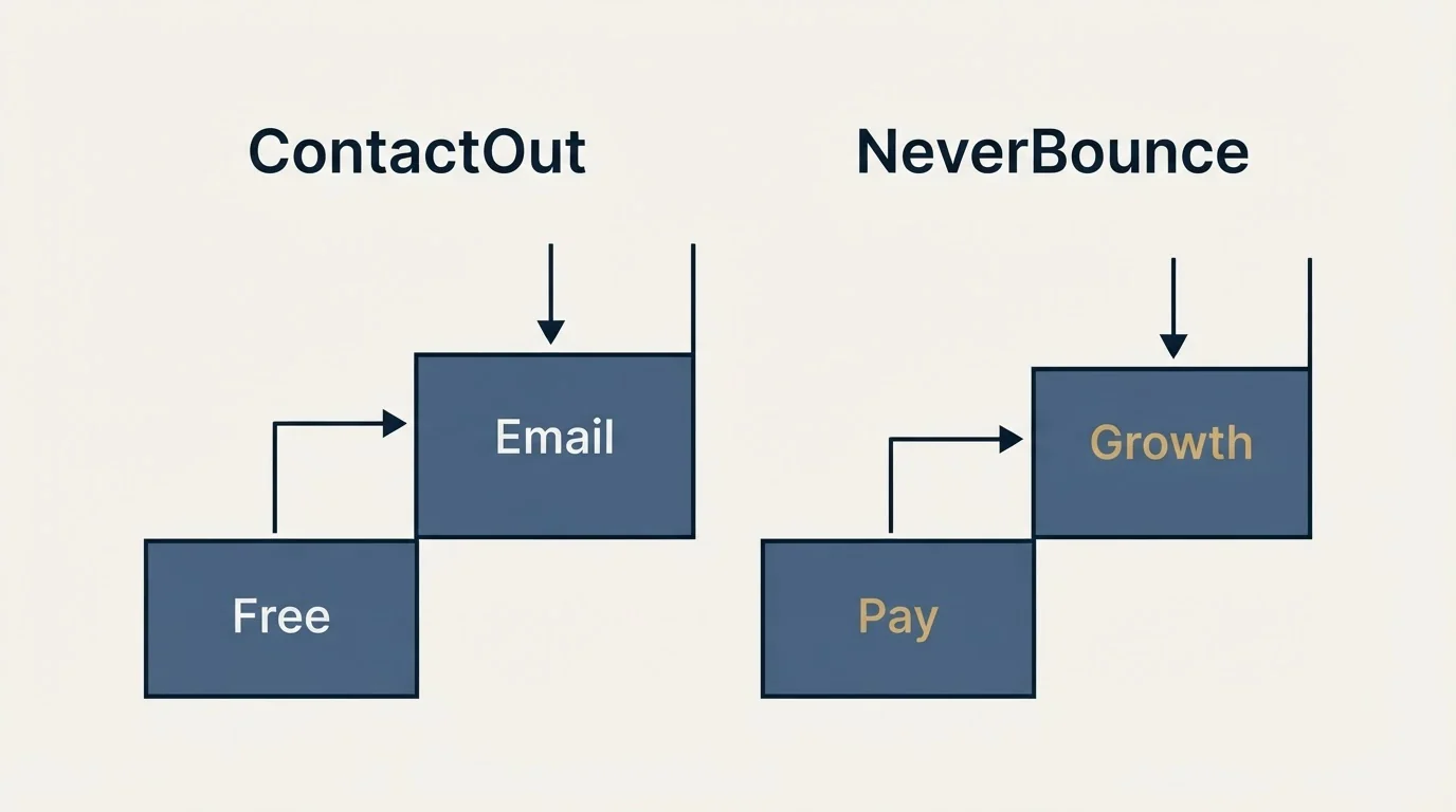 Pricing ladder: Pricing Comparison (ContactOut, NeverBounce, Free, Pay)
